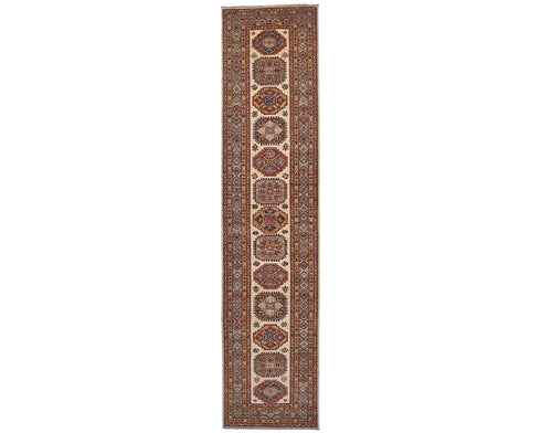 12 Feet Beige Kazak Afghan Hand Knotted Wool Runner Rug